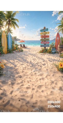 Tło fotograficzne „Tropikalna plaża z deskami surfingowymi i letnim drogowskazem” | 4107
